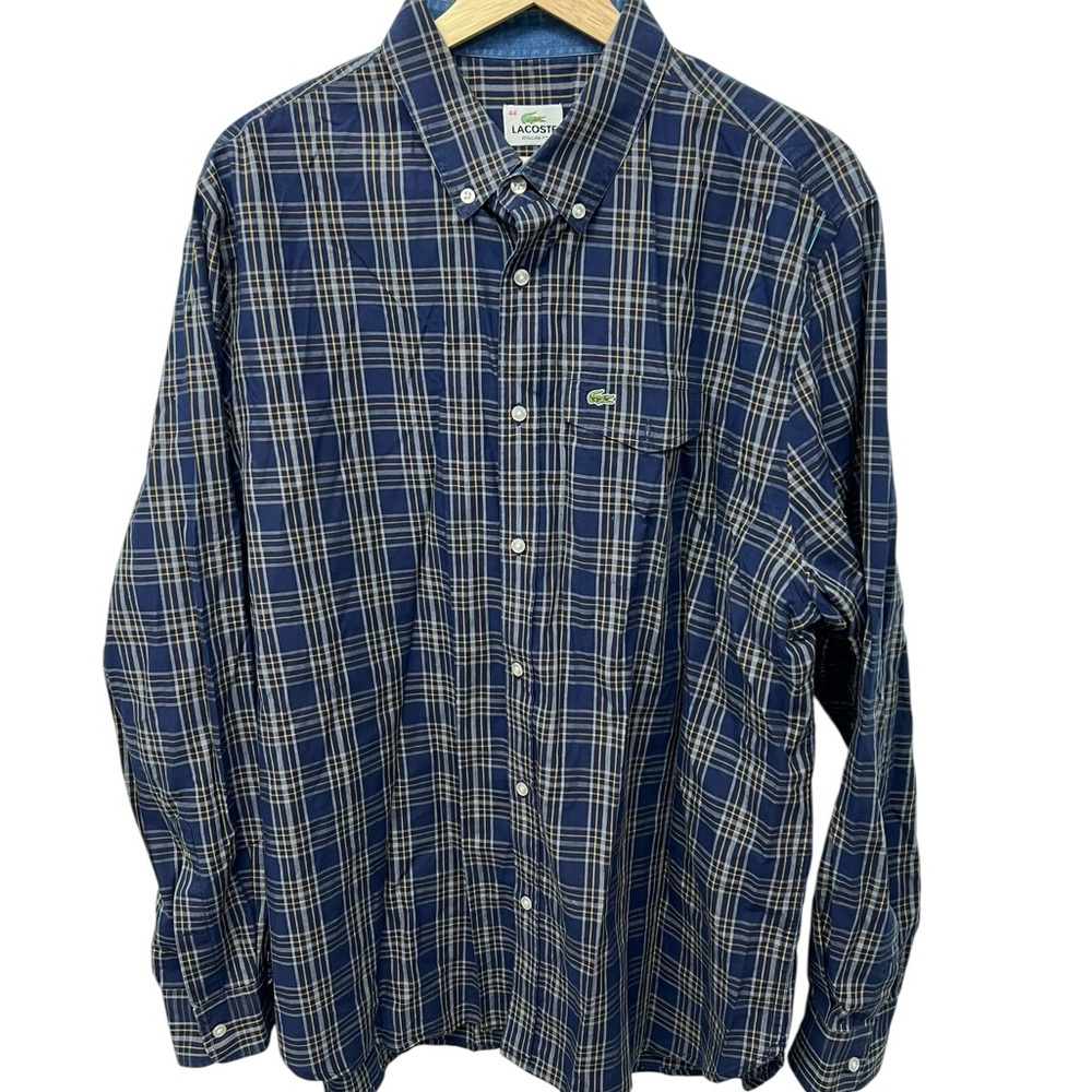 Lacoste Men's Button Up Blue Plaid Shirt Size XL Lascoste Size 44